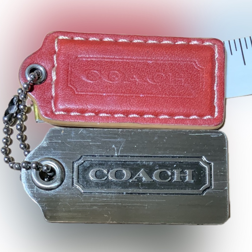 COACH 2 SILVER TONE NICKEL FOB BAG CHARM KEYCHAIN 2 HANG TAGS and RED LEATHER Ta - Picture 2 of 8